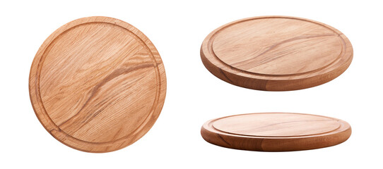 Top view and perspective of empty wood plate on white background