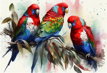 Rosellas parrots, watercolor style Generative AI
