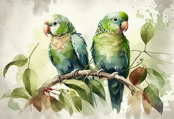 Quaker Parrots, watercolor style Generative AI