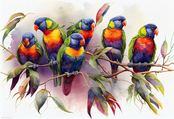 many Rainbow Lorikeets, watercolor style Generative AI