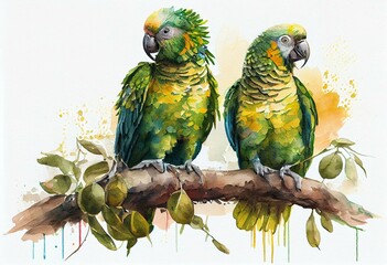 Amazon Parrots, watercolor style Generative AI