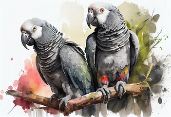 Fototapeta premium African Grey Parrots, watercolor style Generative AI