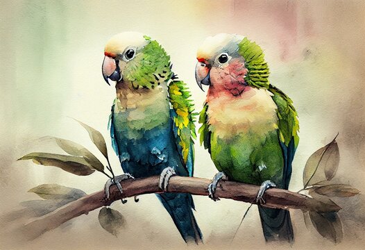 Quaker Parrots, watercolor style Generative AI