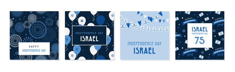Israel independence day design template for cards, poster, invitation, website. National day of Israel with flag, balloons and fireworks. Happy Independence Day in Hebrew - 584312456