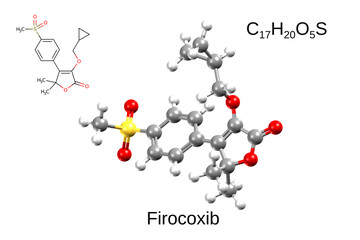Chemical formula, structural formula and 3D ball-and-stick model of firocoxib, a COX-2 inhibitor for veterinary use