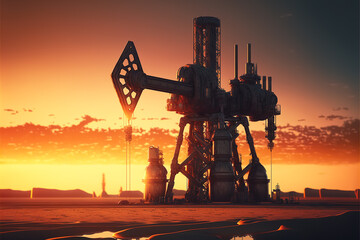 Crude oil Pumpjack on sunset. Generative Ai. Fossil crude output and fuels oil. Oil drill rig and drilling derrick. Global crude oil Prices, energy, petroleum demand (OPEC+). Pump jack at oilfield.