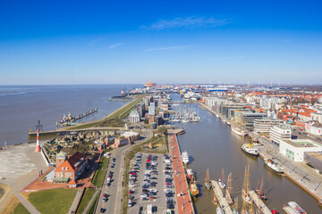 Aerial view over the new harbor of Bremerhaven, Germany