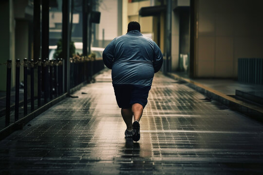 Fat man runner on running. Very fat man jogging, Fat man jogging for weight loss. Man overweight sprinter to lose fat. Run in sprint on footpath and regain vitality. Ai generated illustration..