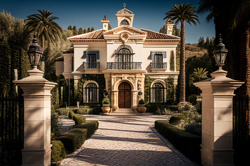 Obraz premium Luxury Villa exterior with green garden and palm trees. Luxury home in Spain. Tropical Villa Resort, Spanish Real Estate in Sierra Blanca, Marbella. Luxurious residence on Mediterranean. Ai Generative