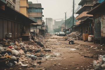 Pile of garbage on city street. Landfill in city near buildings. Garbage dump in town streets. City after apocalypse, destroyed houses and building. Trash on streets, heaps of garbage. Ai Generative