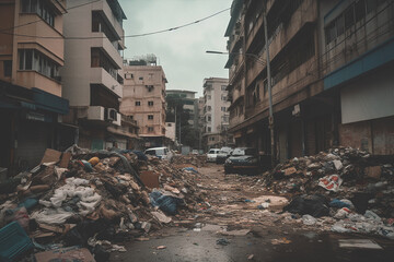 Fototapeta premium Pile of garbage on city street. Landfill in city near buildings. Garbage dump in town streets. City after apocalypse, destroyed houses and building. Trash on streets, heaps of garbage. Ai Generative