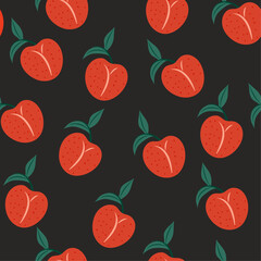 Doodle pattern with peaches on a dark background in a colorful trendy style. Food. Print on wallpaper and clothes is seamless. Vector stock illustration.