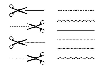 Fototapeta Icon set of black scissors with a variety of cut lines. Flat vector illustration obraz