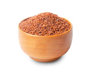 The Cress Lepidium sativum seeds in wooden cup isolated on white background, Save clipping path.