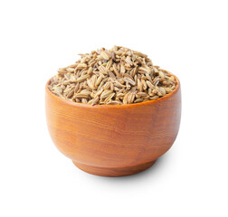 The Dried Fennel Seeds in wooden cup isolated on white background, Save clipping path.