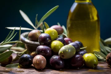 Foto op Plexiglas Olive Oil Production and Extraction Process. Olive Harvest. Harvesting olives on a plantation. Green olives produce, extra virgin olive oil, Ai generative illustration.. © MaxSafaniuk