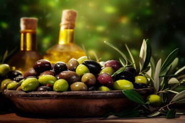 Olive Oil Production and Extraction Process. Olive Harvest. Harvesting olives on a plantation. Green olives produce, extra virgin olive oil, Ai generative illustration..