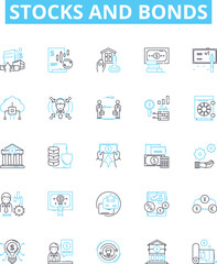 Stocks and bonds vector line icons set. Stocks, Bonds, Equities, Fixed income, Securities, Stock market, Bond market illustration outline concept symbols and signs