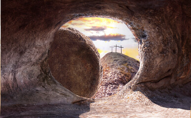 Three wooden crosses on a hill in the morning. Concept of Crucifixion on Mount Golgotha,...