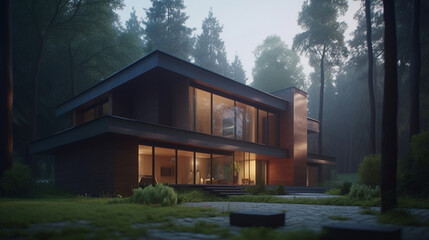 Modern house with a flat roof in a picturesque setting. Generative AI