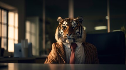 portrait of a tiger wearing business suit outfit sitting at desk at work work, generative ai, abstract elegant business talk	