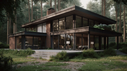 Fototapeta na wymiar Modern house with a flat roof in a picturesque setting. Generative AI
