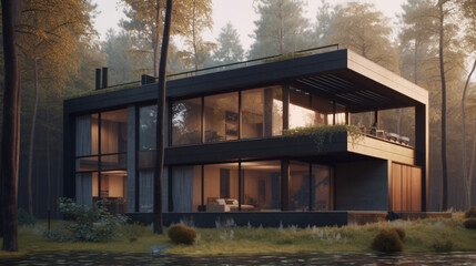 Modern house with a flat roof in a picturesque setting. Generative AI