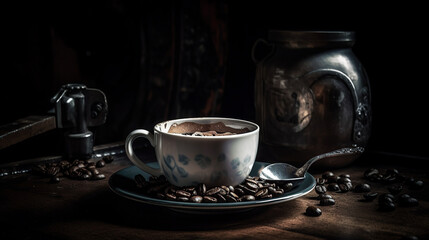 Fototapeta premium Coffee Cup on Plate With Coffee Beans in a Rustic Café 