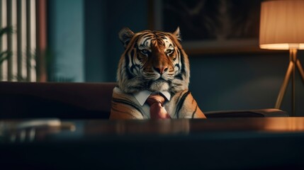 portrait of a tiger wearing business suit outfit sitting at desk at work work, generative ai, abstract elegant business talk	