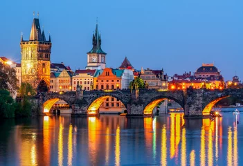 Door stickers Charles Bridge Prague medieval architecture and Charles bridge over Vltava river at night, Czech Republic