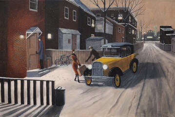 Vintage yellow taxi picks up couple in laneway, 1930s.