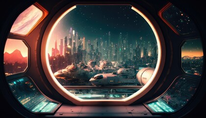 View from a space station on a future city full of skyscrapers. Generative AI