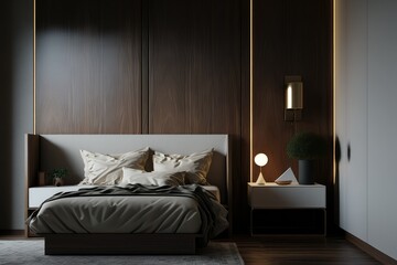 A hyper realistic minimalistic styled master bedroom, organic style, neutral colors, style, scandinavian, minimal, large window. Generative AI