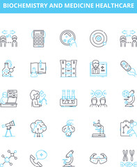 Biochemistry and medicine healthcare vector line icons set. Biochemistry, Metabolism, Enzymes, Hormones, Proteins, Genes, DNA illustration outline concept symbols and signs