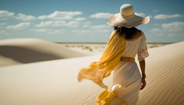 carefree traveller woman casual cloth walking look at the wonderful stunning attraction famous view of the sand dude sunset, image ai generate