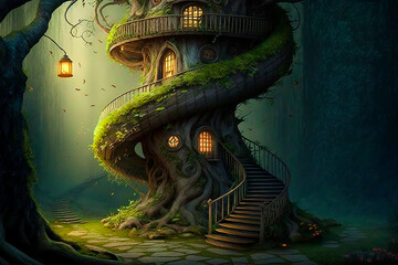 A tree house for the inhabitants of the magical forest. Generative AI