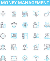 Money management vector line icons set. Budgeting, Investing, Savings, Finance, Expenditure, Credit, Profitability illustration outline concept symbols and signs
