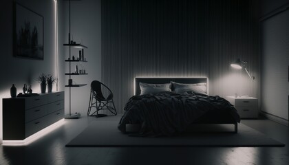 a beautiful bedroom with a dark atmosphere with led lights
