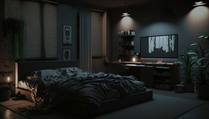 a beautiful bedroom with a dark atmosphere with led lights
