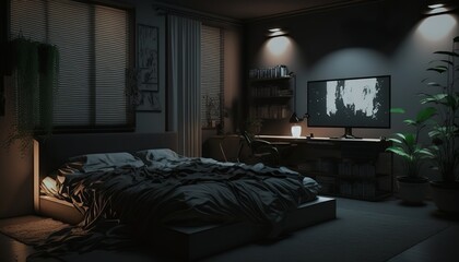 a beautiful bedroom with a dark atmosphere with led lights