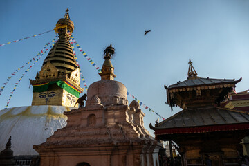 Fototapeta premium Swayambhunath or Monkey Stupa in Kathmandu, Nepal, is an ancient religious complex atop a hill, The complex consists of a stupa, a variety of shrine and temple