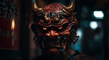 Obraz premium Chinese dragon mask in temple background, high detailed old traditional mask, red devil demon asia, realistic 3D head, generative ai