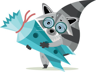 Back to school. Cartoon cute racoon goes to school with school cone. Vector illustration