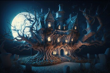 horror house of tree. Generative AI.