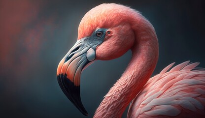 Pink flamingo close up portrait. Generative AI.