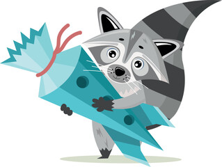 Back to school. Cartoon cute racoon goes to school with school cone. Vector illustration
