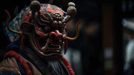 Fototapeta na wymiar Chinese dragon mask in temple background, high detailed old traditional mask, red devil demon asia, realistic 3D head, generative ai