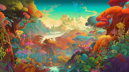 an incredible landscape filled with life and lush nature. fantasy world. generative ai.