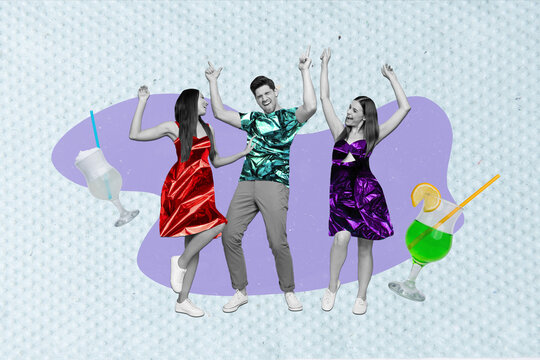 Collage banner party invitation youngsters three people dancing have fun wear plastic festive clothes drink cocktails isolated on blue background