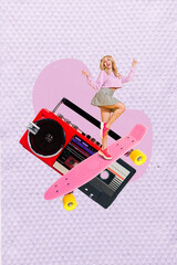 Creative template minimal collage of youngster overjoyed carefree lady wear glamour outfit ride skate cassette recorder isolated on pink background